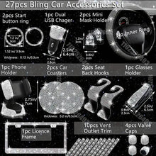 Load image into Gallery viewer, Car Accessories Set 27 pcs  Universal Fit Polyester Steering Cover Shiny License Frame Phone Holder Coasters &amp; accessories Color Options