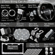 Load image into Gallery viewer, Car Accessories Set 27 pcs  Universal Fit Polyester Steering Cover Shiny License Frame Phone Holder Coasters &amp; accessories Color Options