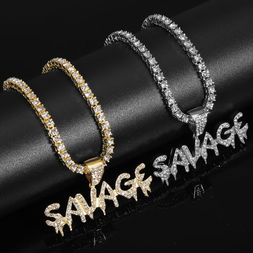 Hip Hop Jewelry Pendant Necklace Iced Out SAVAGE Gold/Silver Chain Options Tennis-Rope-Cuban
