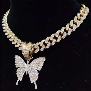 Women's Butterfly Pendant Necklace Cuban or Rope Chain Color Options Silver/Gold  Hip Hop Bling Fashion Charm Jewelry