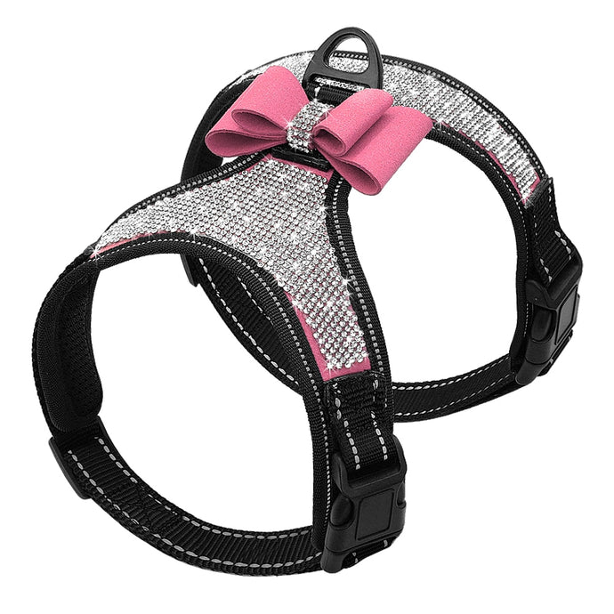 Dog Harness Reflective Nylon Bling Rhinestone Vest Bowknot Color Options S/M/L