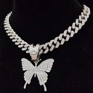 Women's Butterfly Pendant Necklace Cuban or Rope Chain Color Options Silver/Gold  Hip Hop Bling Fashion Charm Jewelry