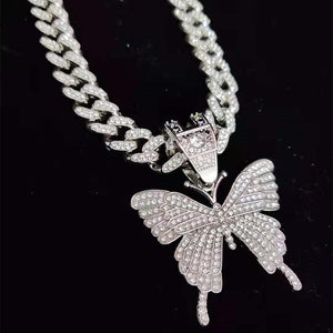 Women's Butterfly Pendant Necklace Cuban or Rope Chain Color Options Silver/Gold  Hip Hop Bling Fashion Charm Jewelry