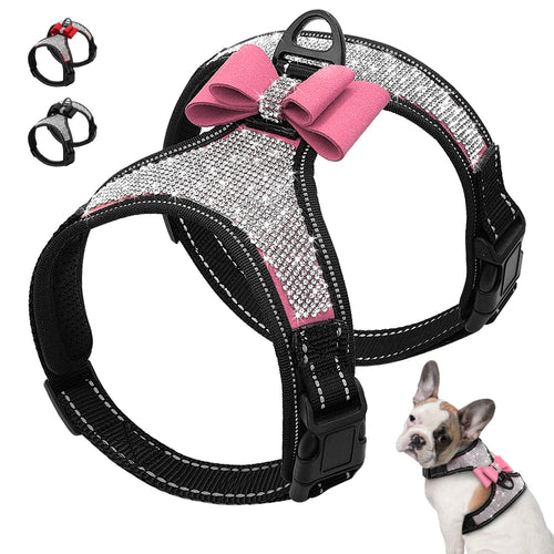 Dog Harness Reflective Nylon Bling Rhinestone Vest Bowknot Color Options S/M/L