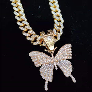 Women's Butterfly Pendant Necklace Cuban or Rope Chain Color Options Silver/Gold  Hip Hop Bling Fashion Charm Jewelry