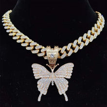 Load image into Gallery viewer, womens bling butterfly pendant necklace cuban chain chain gold