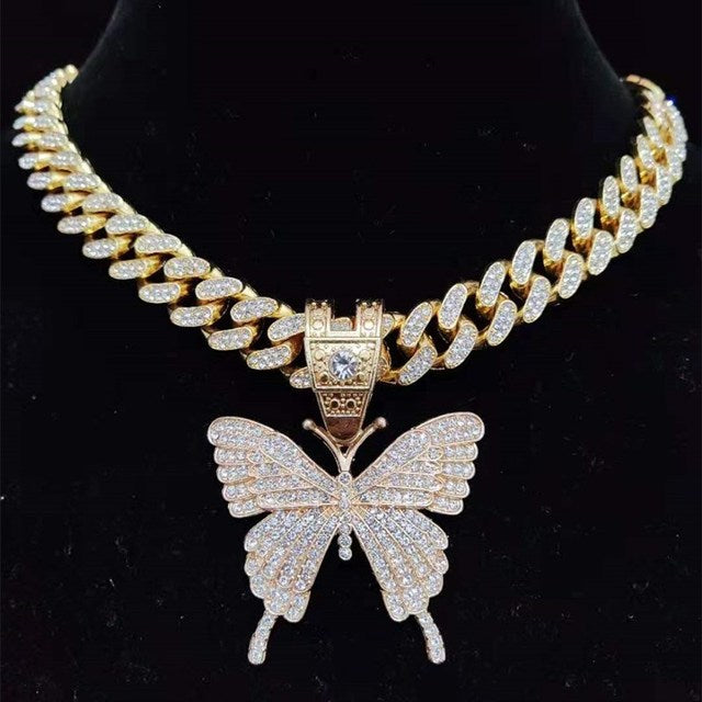 womens bling butterfly pendant necklace cuban chain chain gold