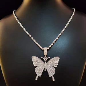 womens bling butterfly pendant necklace rope chain chain silver