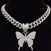 Load image into Gallery viewer, womens bling butterfly pendant necklace cuban chain chain silver