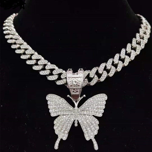 womens bling butterfly pendant necklace cuban chain chain silver