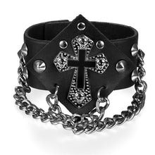 Load image into Gallery viewer, Men&#39;s/Women&#39;s Leather Cross Bracelet Adjustable Size Spiked Rivets-Chains Gothic /Rock/Punk Cuff Style GREAT ROCK N ROLL style