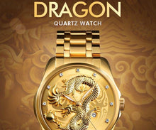 Load image into Gallery viewer, Men&#39;s Dragon Watch Luxury Quartz Wristwatch with Luminous Hands. Watch is Waterproof and has auto date feature. Options are Gold/Silver Band with Face Color Options