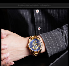 Load image into Gallery viewer, Men&#39;s Dragon watch quartz waterproof gold band blue face dragon