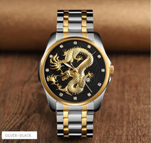 Load image into Gallery viewer, Men&#39;s Dragon watch quartz waterproof Silver band black face dragon