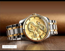 Load image into Gallery viewer, Men&#39;s Dragon watch quartz waterproof silver band gold face dragon