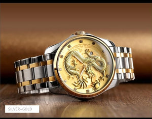 Men's Dragon watch quartz waterproof silver band gold face dragon