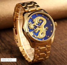 Load image into Gallery viewer, Men&#39;s Dragon watch quartz waterproof gold band blue face dragon