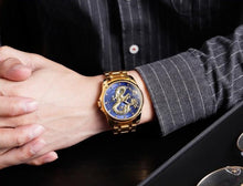 Load image into Gallery viewer, Men&#39;s Dragon watch quartz waterproof gold band blue face dragon