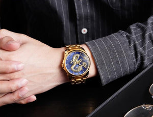 Men's Dragon watch quartz waterproof gold band blue face dragon