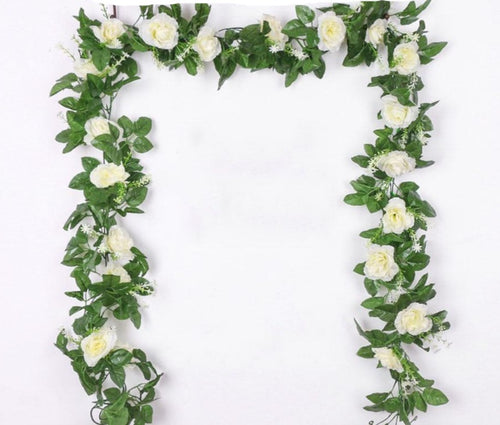 Artificial Rose & Ivy Garland Silk Roses with Plastic Decorative Hanging Vine white
