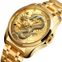 Load image into Gallery viewer, Men&#39;s Dragon Watch Luxury Quartz Wristwatch with Luminous Hands. Watch is Waterproof and has auto date feature. Options are Gold/Silver Band with Face Color Options