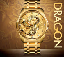 Load image into Gallery viewer, Men&#39;s Dragon Watch Luxury Quartz Wristwatch with Luminous Hands. Watch is Waterproof and has auto date feature. Options are Gold/Silver Band with Face Color Options