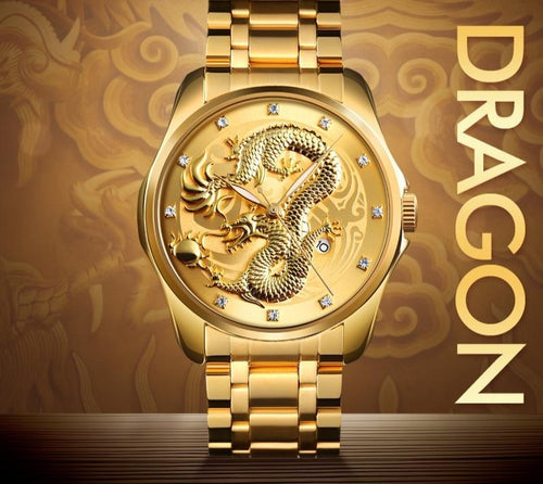 Men's Dragon Watch Luxury Quartz Wristwatch with Luminous Hands. Watch is Waterproof and has auto date feature. Options are Gold/Silver Band with Face Color Options
