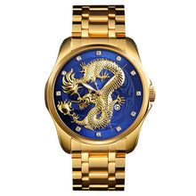 Load image into Gallery viewer, Men&#39;s Dragon Watch Luxury Quartz Wristwatch with Luminous Hands. Watch is Waterproof and has auto date feature. Options are Gold/Silver Band with Face Color Options