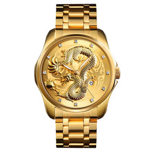 Load image into Gallery viewer, Men&#39;s Dragon Watch Luxury Quartz Wristwatch with Luminous Hands. Watch is Waterproof and has auto date feature. Options are Gold/Silver Band with Face Color Options