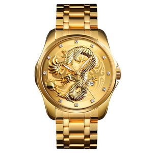 Men's Dragon Watch Luxury Quartz Wristwatch with Luminous Hands. Watch is Waterproof and has auto date feature. Options are Gold/Silver Band with Face Color Options