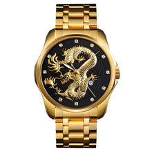 Load image into Gallery viewer, Men&#39;s Dragon Watch Luxury Quartz Wristwatch with Luminous Hands. Watch is Waterproof and has auto date feature. Options are Gold/Silver Band with Face Color Options