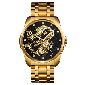 Men's Dragon Watch Luxury Quartz Wristwatch with Luminous Hands. Watch is Waterproof and has auto date feature. Options are Gold/Silver Band with Face Color Options