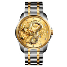 Load image into Gallery viewer, Men&#39;s Dragon Watch Luxury Quartz Wristwatch with Luminous Hands. Watch is Waterproof and has auto date feature. Options are Gold/Silver Band with Face Color Options