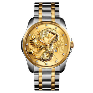 Men's Dragon Watch Luxury Quartz Wristwatch with Luminous Hands. Watch is Waterproof and has auto date feature. Options are Gold/Silver Band with Face Color Options