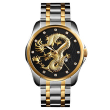 Load image into Gallery viewer, Men&#39;s Dragon Watch Luxury Quartz Wristwatch with Luminous Hands. Watch is Waterproof and has auto date feature. Options are Gold/Silver Band with Face Color Options