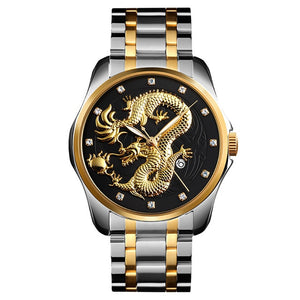 Men's Dragon Watch Luxury Quartz Wristwatch with Luminous Hands. Watch is Waterproof and has auto date feature. Options are Gold/Silver Band with Face Color Options