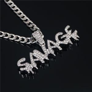 Bling Hip Hop Pendant Necklace SAVAGE Shiny Ice Out Gold/Silver Chain 