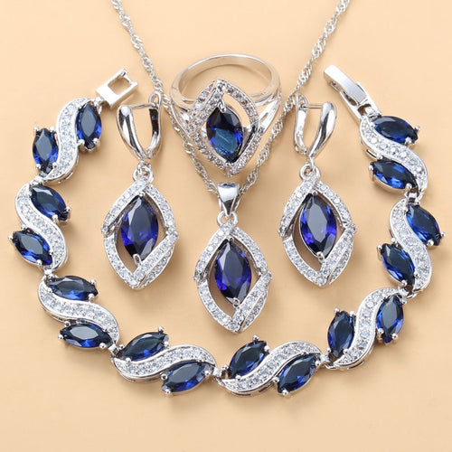 Women's 4 piece jewelry set sterling silver blue stone  with rhinestones