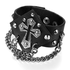 Men's/Women's Leather Cross Bracelet Adjustable Size Spiked Rivets-Chains Gothic /Rock/Punk Cuff Style GREAT ROCK N ROLL style