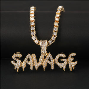 Bling Hip Hop Pendant Necklace SAVAGE Shiny Ice Out Gold/Silver Chain 