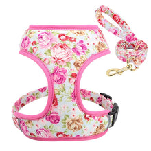 Load image into Gallery viewer, Dog-Cat Harness and Leash Set Nylon Breathable Padded Flowered Print COLOR OPTIONS Small-Medium- Large pink