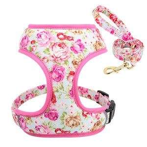 Dog-Cat Harness and Leash Set Nylon Breathable Padded Flowered Print COLOR OPTIONS Small-Medium- Large pink