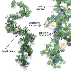 Artificial Eucalyptus Rose Hanging Silk Flower Garland 6ft Vertical Garden White or Champagne Table- Party -Wedding Décor