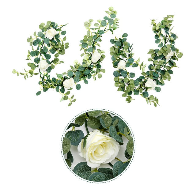 Silk Flower Garland 6ft Artificial Eucalyptus Rose Hanging Vertical Garden White 