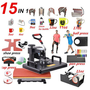 Heat Press Machine 15 In 1 Combo Multi functional Sublimation machine inlet/ Dye transfer Sublimation Heat Press Heat Transfer For t shirts, Mugs/Caps & hats/footballs/bottles/pens/shoes, plates & more