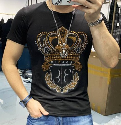 Men's Rhinestone Shirt Short Sleeve O Neck Color Options Black/White