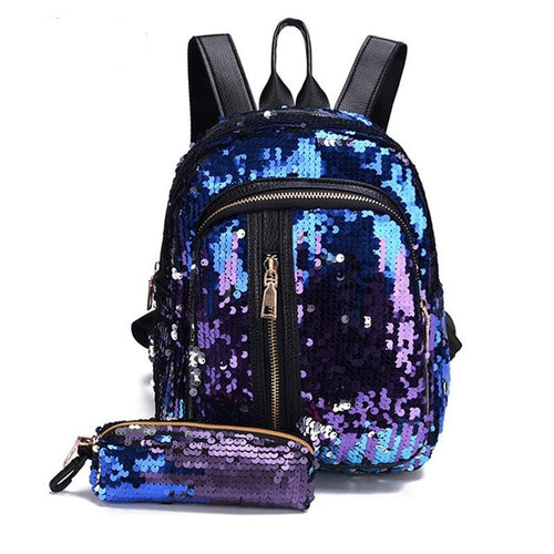 Women/Girl's Bling Backpack 2pcs/set Sequins School Bag with Pencil Case Clutch bag  blue purple