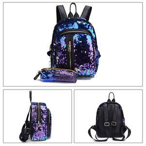 Women's-Girl's Bling Backpack 2pcs/set Sequins School Bag with Pencil Case cosmetic Clutch bag COLOR OPTIONS